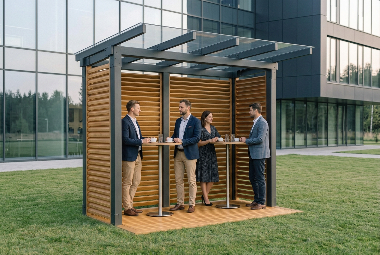 Compact kā āra pārtraukumu zona zālienā blakus uzņēmuma ēkai.