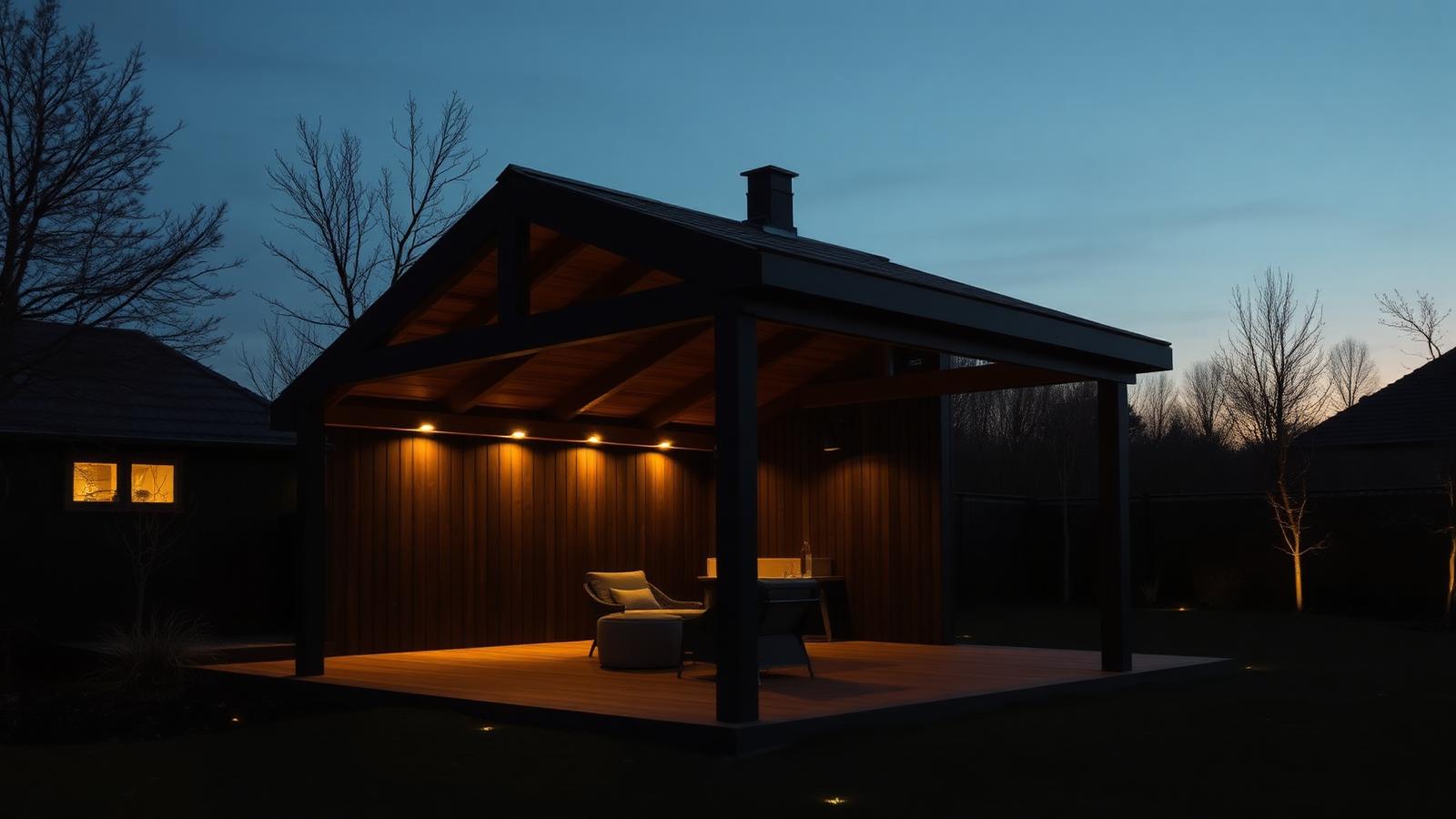 Evening scene under a Garden Room shelter.