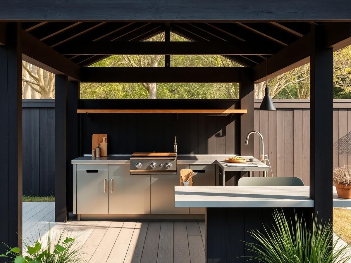 Outdoor kitchen sheltered under a Fjordly pavilion.