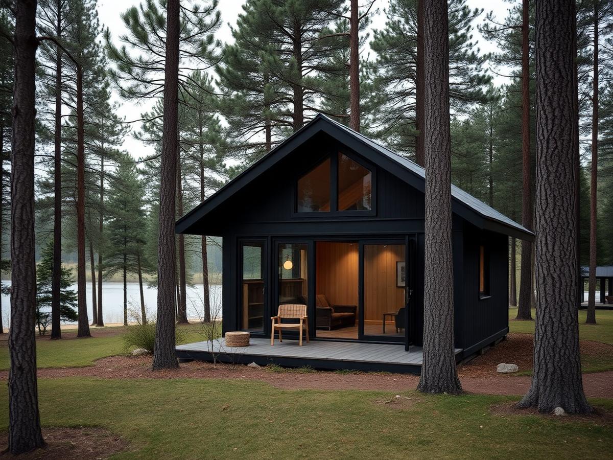 Dark timber retreat among pine trees.